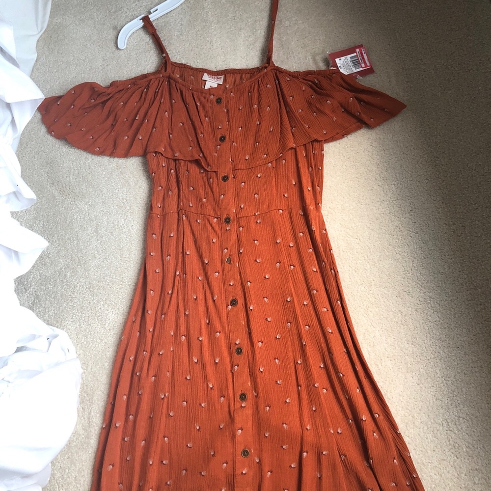 Orange off the shoulder patterned dress
